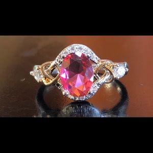 New Oval Ruby CZ SilverTone&GoldFilled Ring S5 3/4